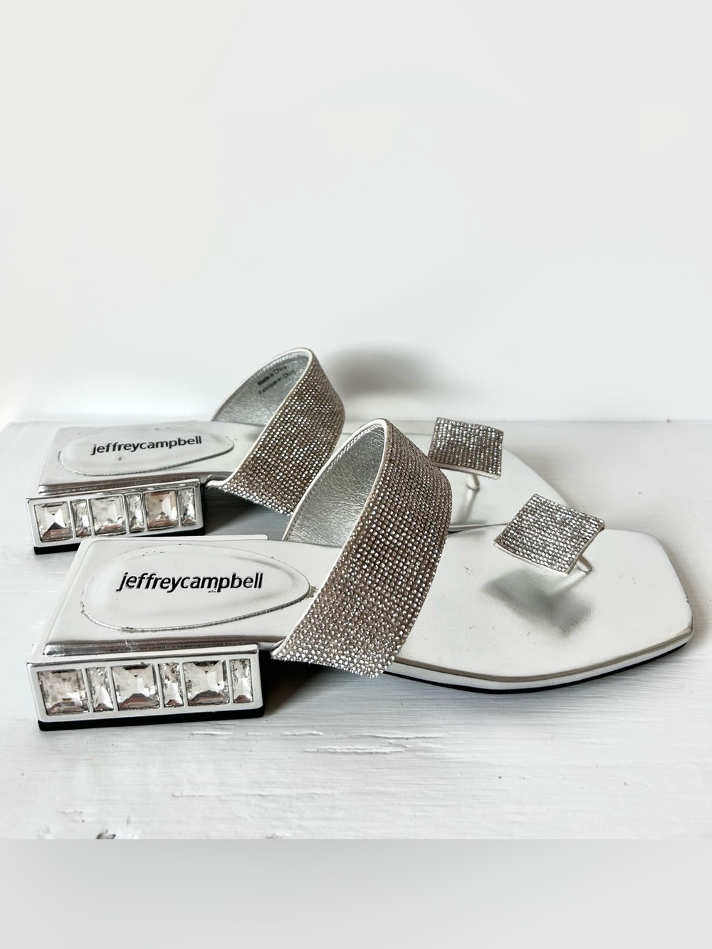 Jeffrey Campbell Silver Crystal Strap Square-Toe Slide Sandals